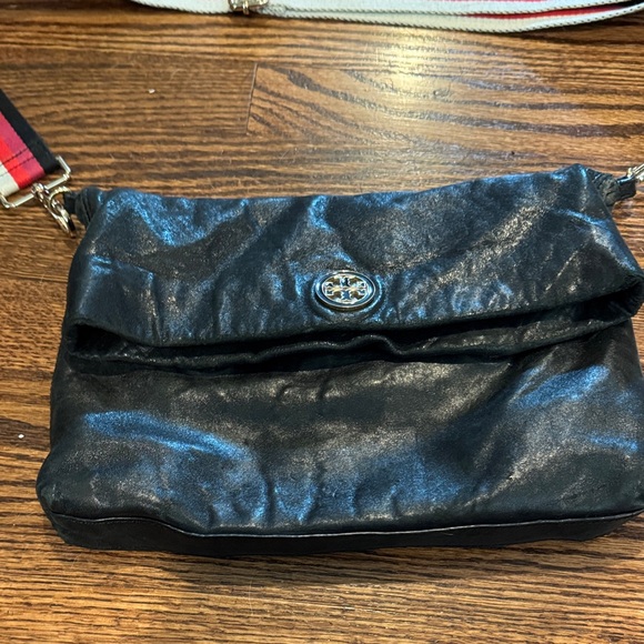 Tory Burch Black Leather Fold Over Purse with gold hardware - Picture 1 of 13